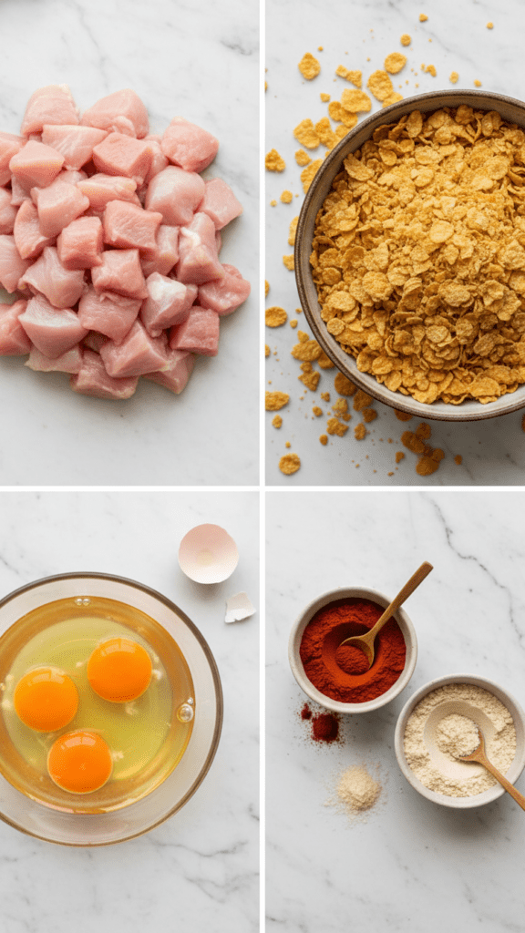 A collage showing raw chicken chunks, gluten-free cornflakes, eggs, and smoked paprika.