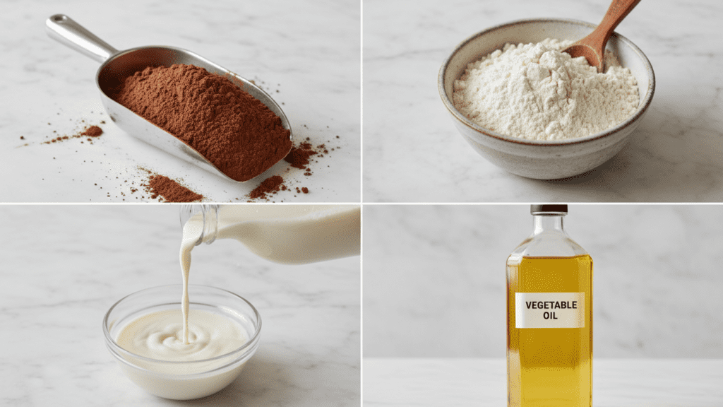 A collage showing gluten-free flour, cocoa powder, buttermilk, and vegetable oil.