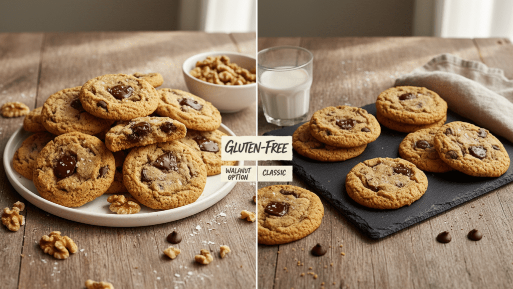 Two different versions of gluten-free chocolate chip cookies including a walnut option.