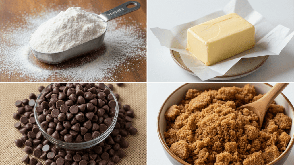 A collage showing gluten-free flour, butter, brown sugar, and chocolate chips.