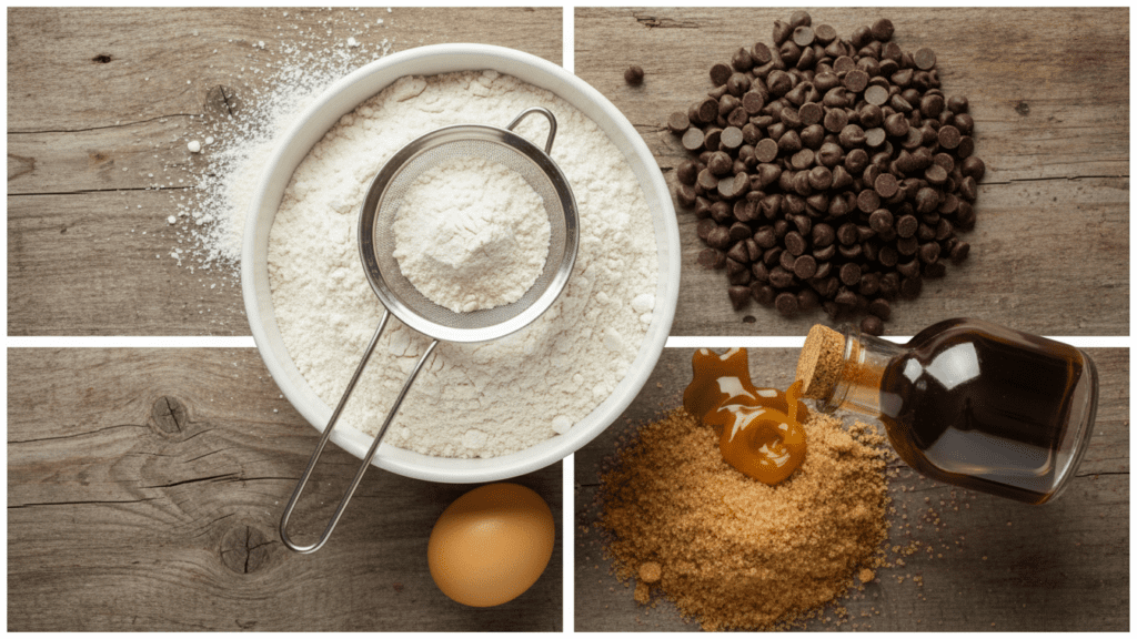 Raw ingredients for making healthy homemade gluten-free chocolate chip cookies.