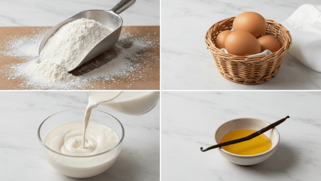 A collage showing gluten-free flour, eggs, milk, and melted butter.