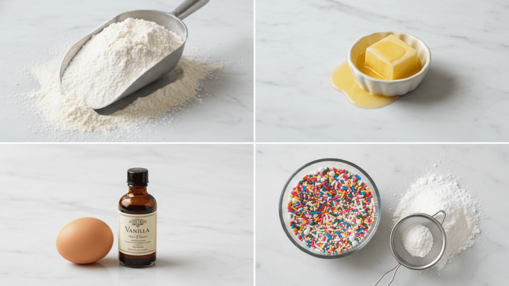 A collage showing gluten-free flour, butter, brown eggs, and vanilla extract