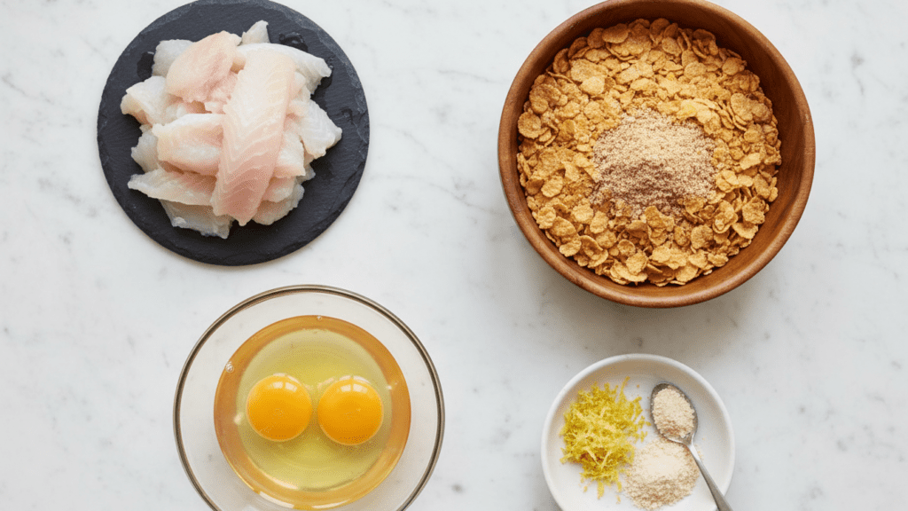 A collage showing raw cod strips, gluten-free cornflakes, eggs, and fresh lemon.