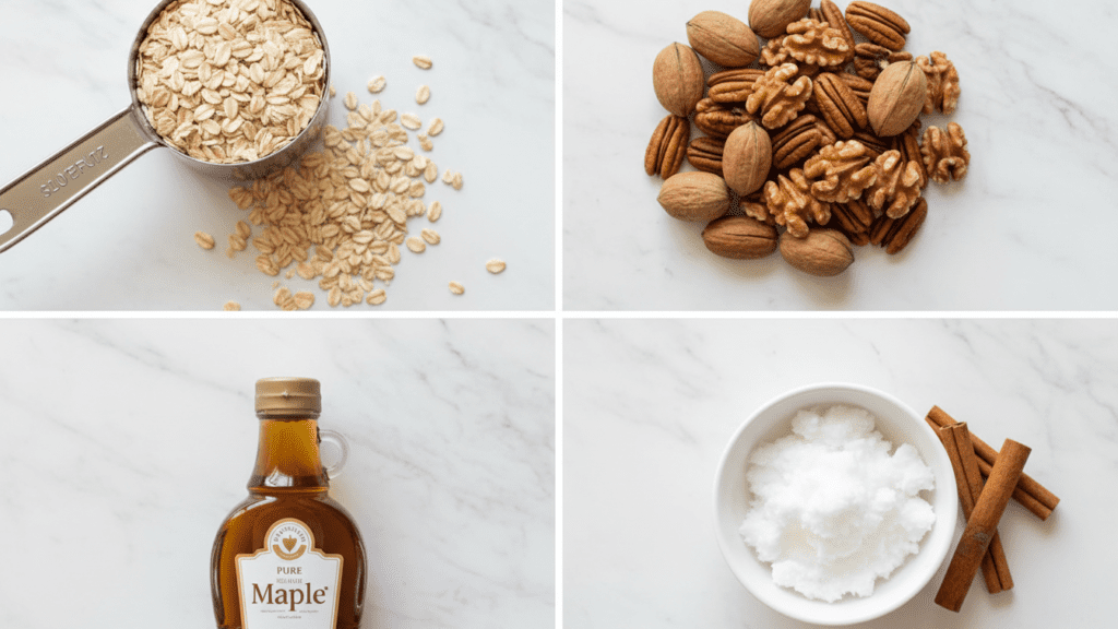 A collage showing gluten-free oats, raw pecans, coconut oil, and maple syrup.