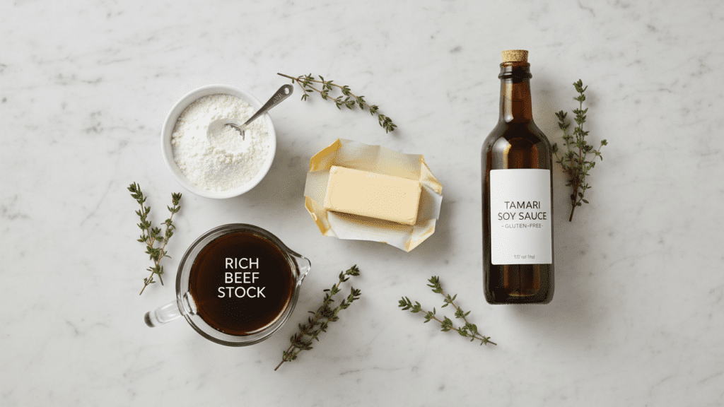 A collage of ingredients for gluten-free gravy including butter, GF flour, and beef stock