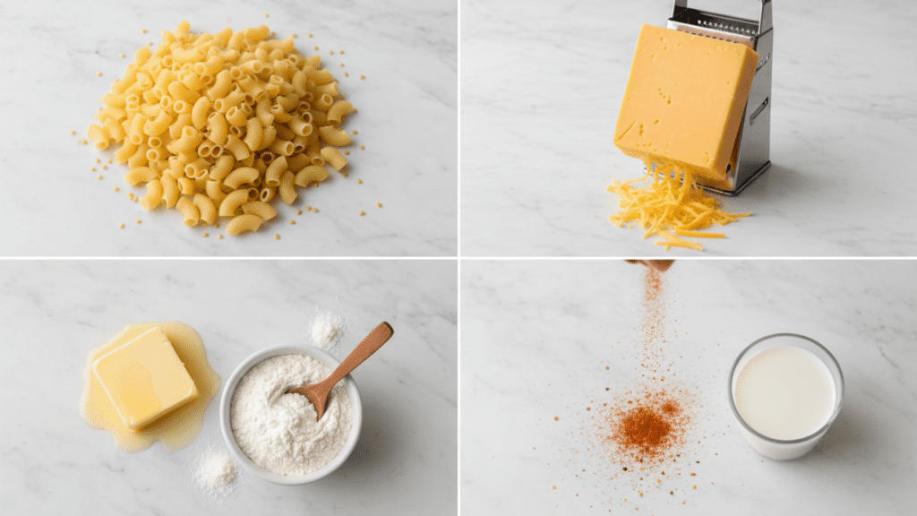 A collage showing gluten-free pasta, sharp cheddar cheese, butter, and smoked paprika