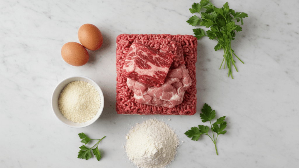 A collage of ground beef, pork, eggs, parmesan cheese, and almond flour.