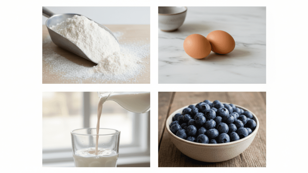 A collage showing gluten-free flour, eggs, milk, and fresh blueberries.