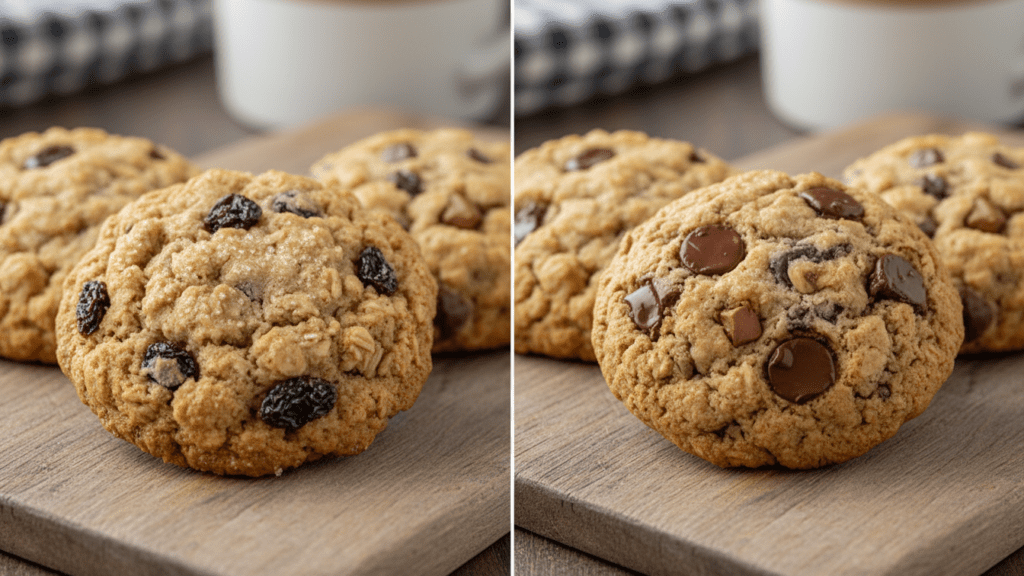 Two different versions of gluten-free oatmeal cookies including raisin and chocolate chip options.