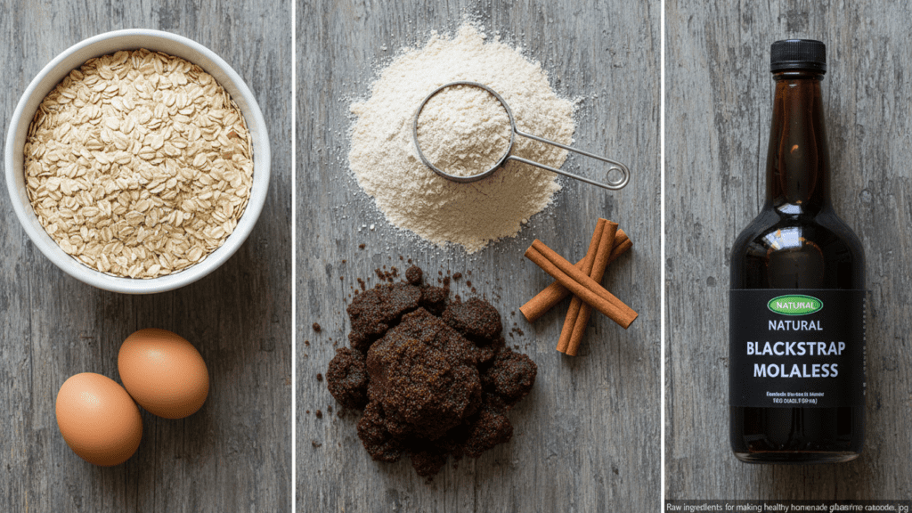 Raw ingredients for making healthy homemade gluten-free oatmeal cookies.