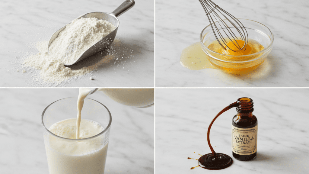 A collage showing gluten-free flour, eggs, milk, and vanilla extract.