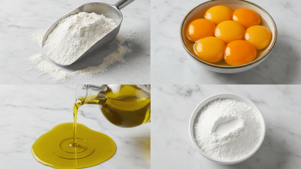 A collage showing gluten-free flour, golden egg yolks, olive oil, and tapioca starch.