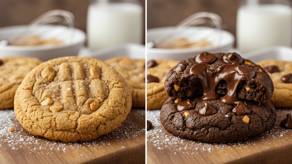 Two different versions of gluten-free peanut butter cookies including a chocolate chip option.