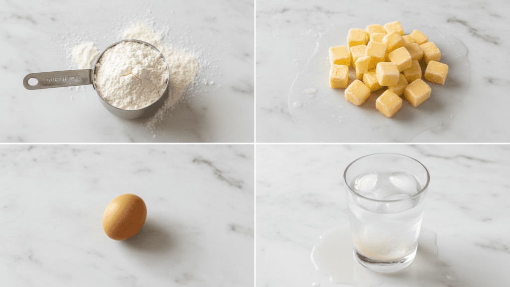 A collage showing gluten-free flour, frozen butter cubes, an egg, and ice water.