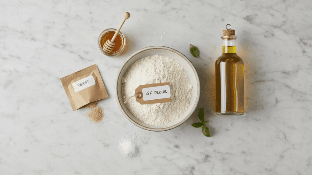 Ingredients for gluten-free pizza dough including flour, yeast, and olive oil.