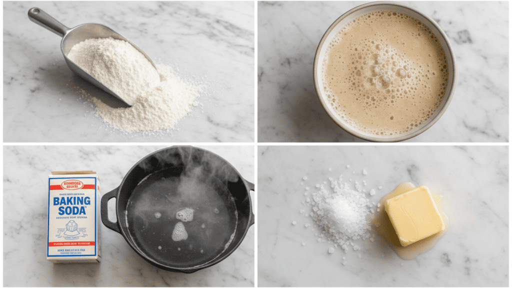 A collage showing gluten-free flour, yeast, baking soda, and coarse salt.