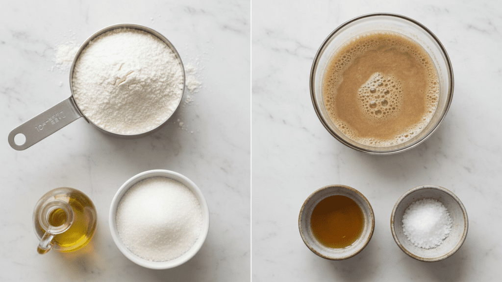 A collage showing gluten-free flour, yeast, olive oil, and apple cider vinegar.