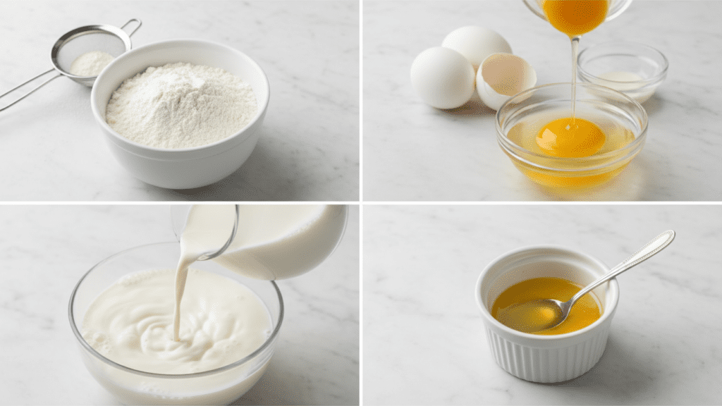 A collage showing gluten-free flour, eggs, milk, and melted butter.