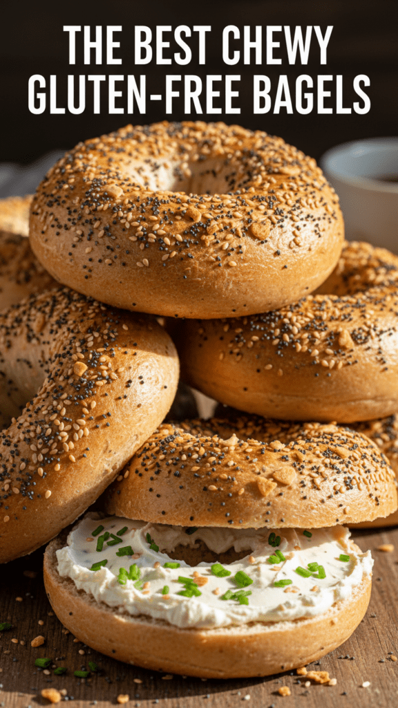 A close-up shot of golden-brown everything bagels with cream cheese and a text overlay.