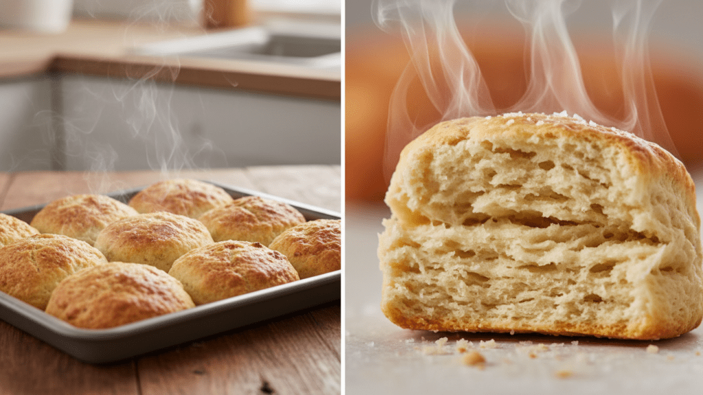 A close-up view of the flaky layers inside a split gluten-free biscuit.