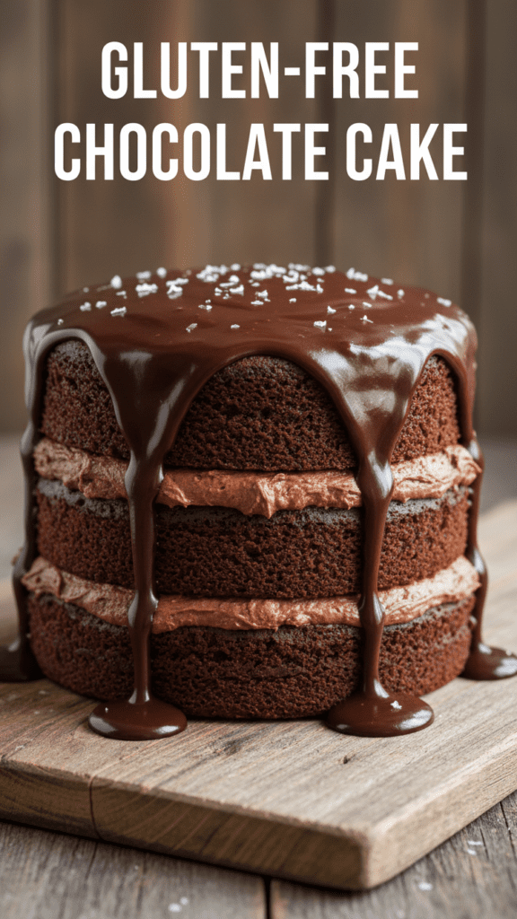 A tall slice of moist gluten-free chocolate cake with dark fudge frosting and a text overlay of the main keyword.