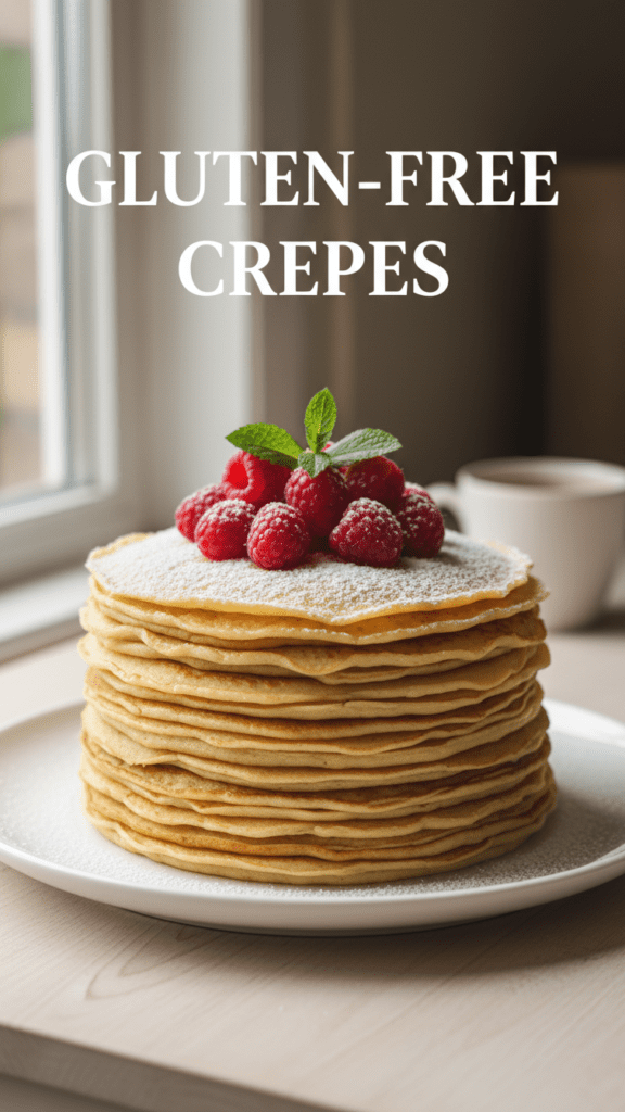 A stack of golden gluten-free crepes with berries and a text overlay of the main keyword