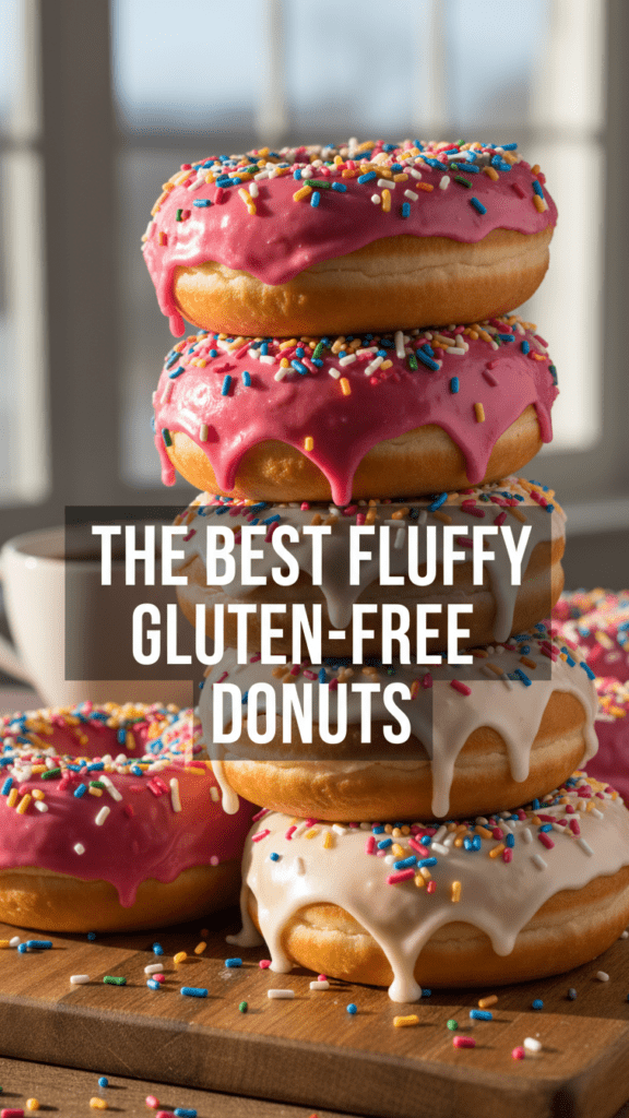 A close-up shot of golden-brown gluten-free donuts with pink glaze and sprinkles with a text overlay.