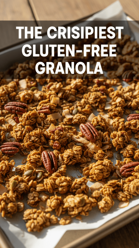 A close-up shot of golden-brown maple nut granola clusters on a baking sheet with a text overlay