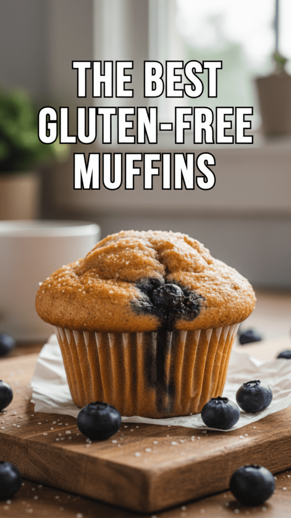 A close-up shot of a golden-brown gluten-free muffin with blueberries and a text overlay.
