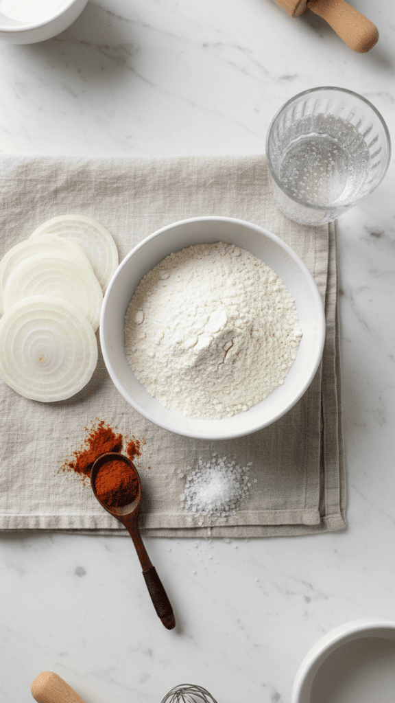 A flat lay collage of ingredients for gluten-free onion rings including sliced onions, flour, and spices.