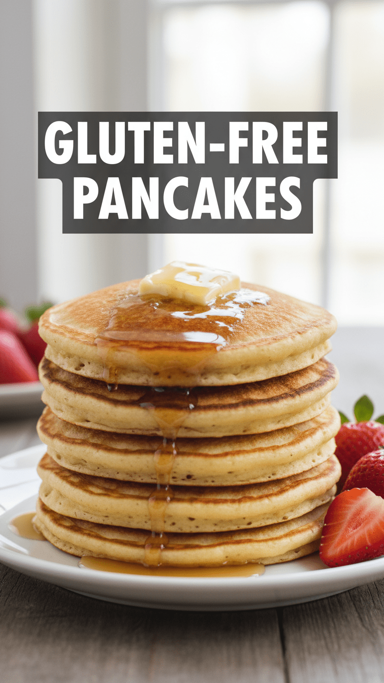A tall stack of golden-brown gluten-free pancakes with a melting pat of butter and syrup.
