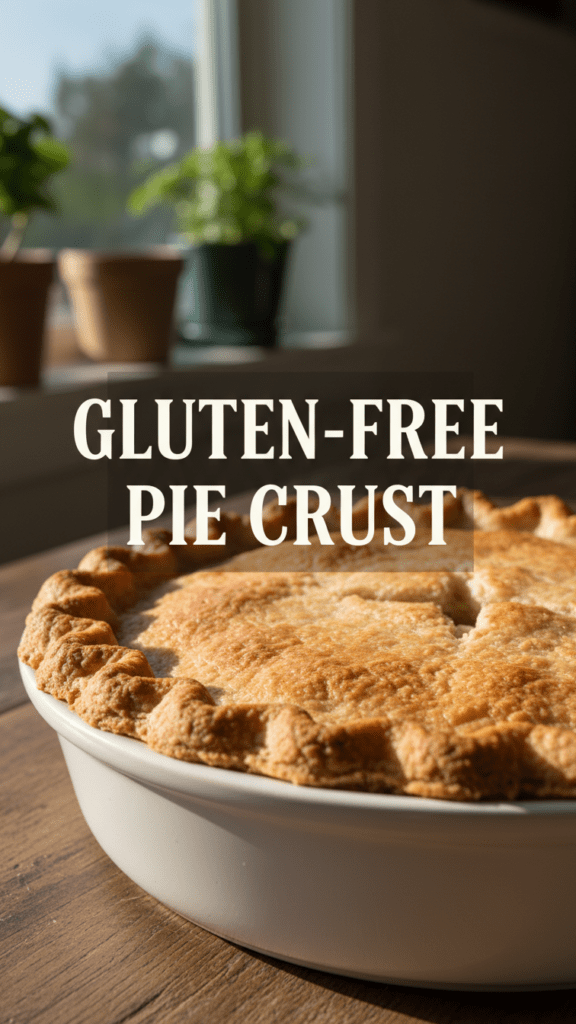 A close-up shot of a golden-brown flaky gluten-free pie crust with a text overlay of the main keyword.