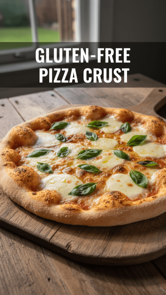 A top-down shot of a golden-brown gluten-free pizza crust with bubbling cheese and fresh basil garnish