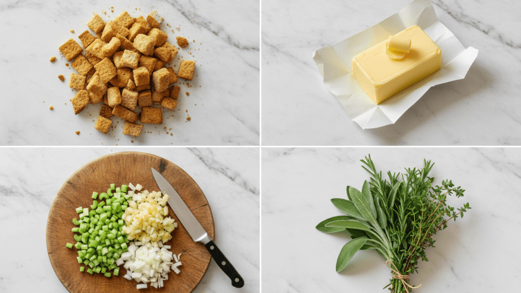 A collage showing gluten-free bread cubes, fresh herbs, celery, onion, and butter