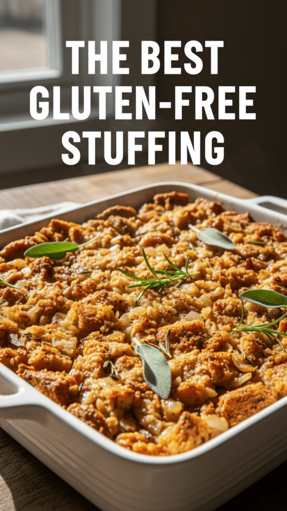 A top-down shot of a golden-brown gluten-free stuffing in a white ceramic dish with a text overlay.