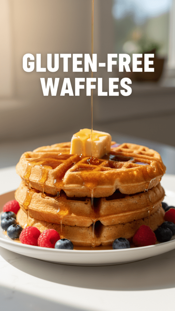 A stack of golden-brown gluten-free waffles with melting butter and berries.