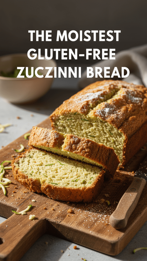 A close-up shot of a perfectly sliced gluten-free zucchini bread loaf with a text overlay.