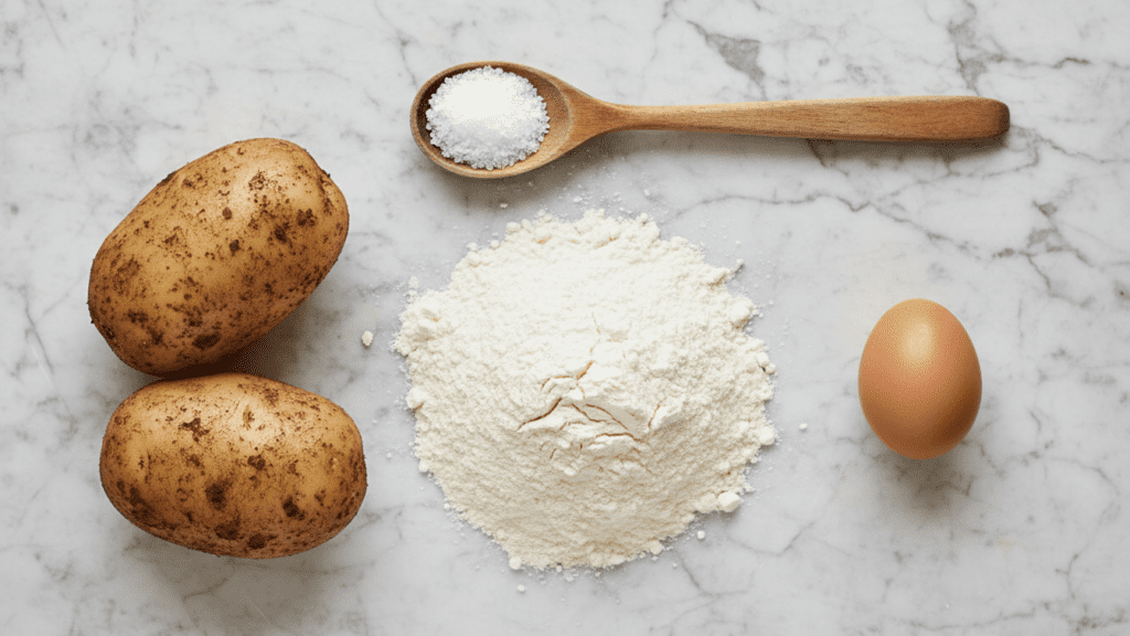 A collage of Russet potatoes, flour, a single egg, and sea salt