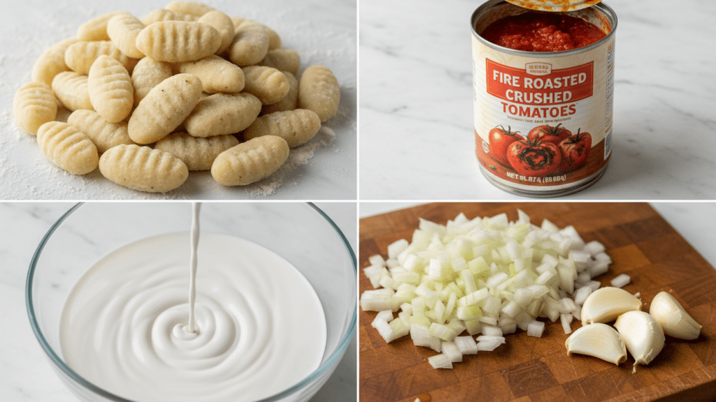 A collage showing potato gnocchi, fire-roasted tomatoes, coconut milk, and fresh garlic.