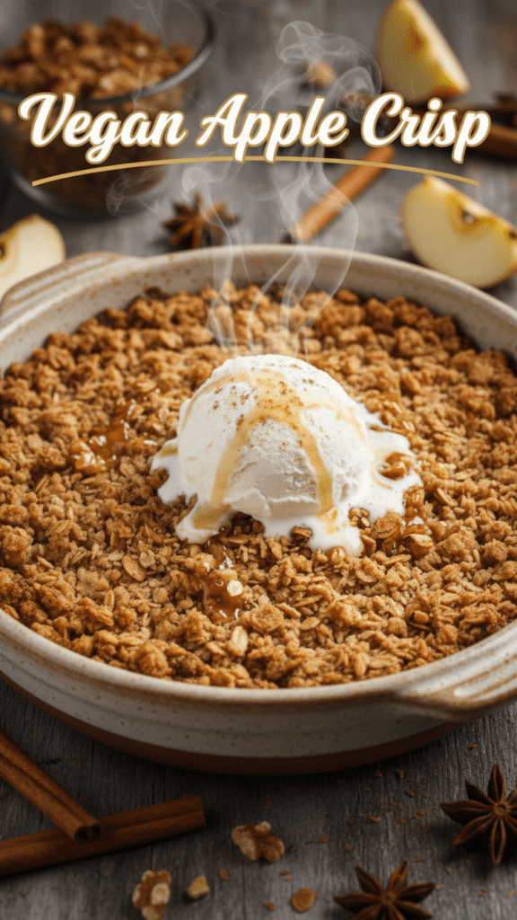 A bubbling vegan apple crisp in a ceramic dish with a crispy oat topping.