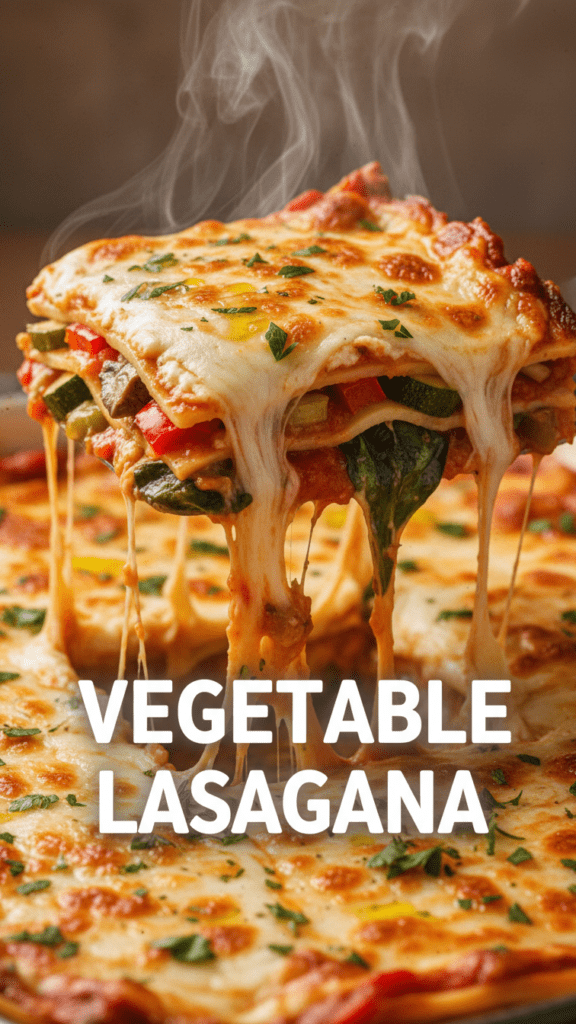 A perfect slice of vegetable lasagna with visible layers of cheese and roasted vegetables