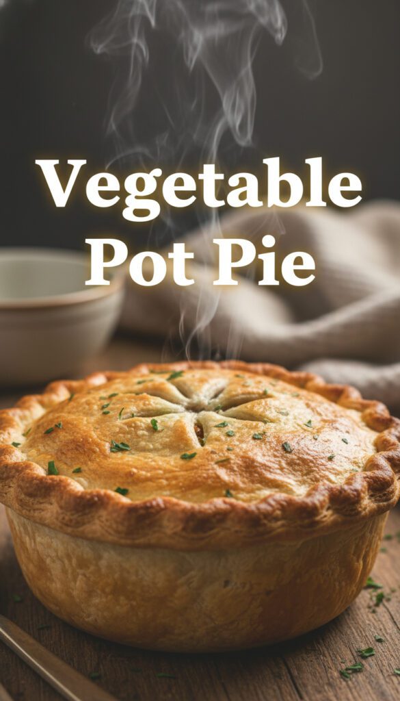 A golden-brown vegetable pot pie in a cast iron skillet with a flaky puff pastry crust.