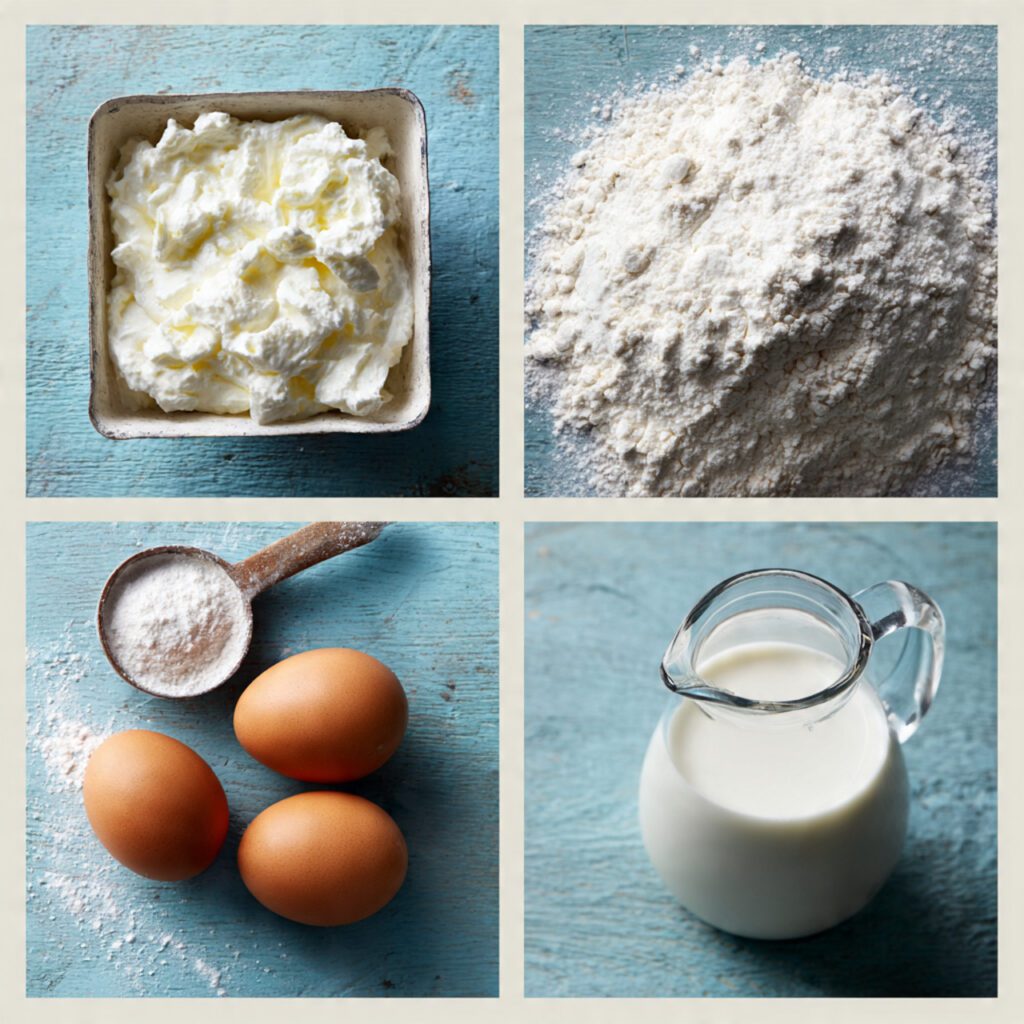 A collage showing the essential ingredients: a container of Greek yogurt, two eggs, a measuring cup of flour, baking powder/soda, and milk.