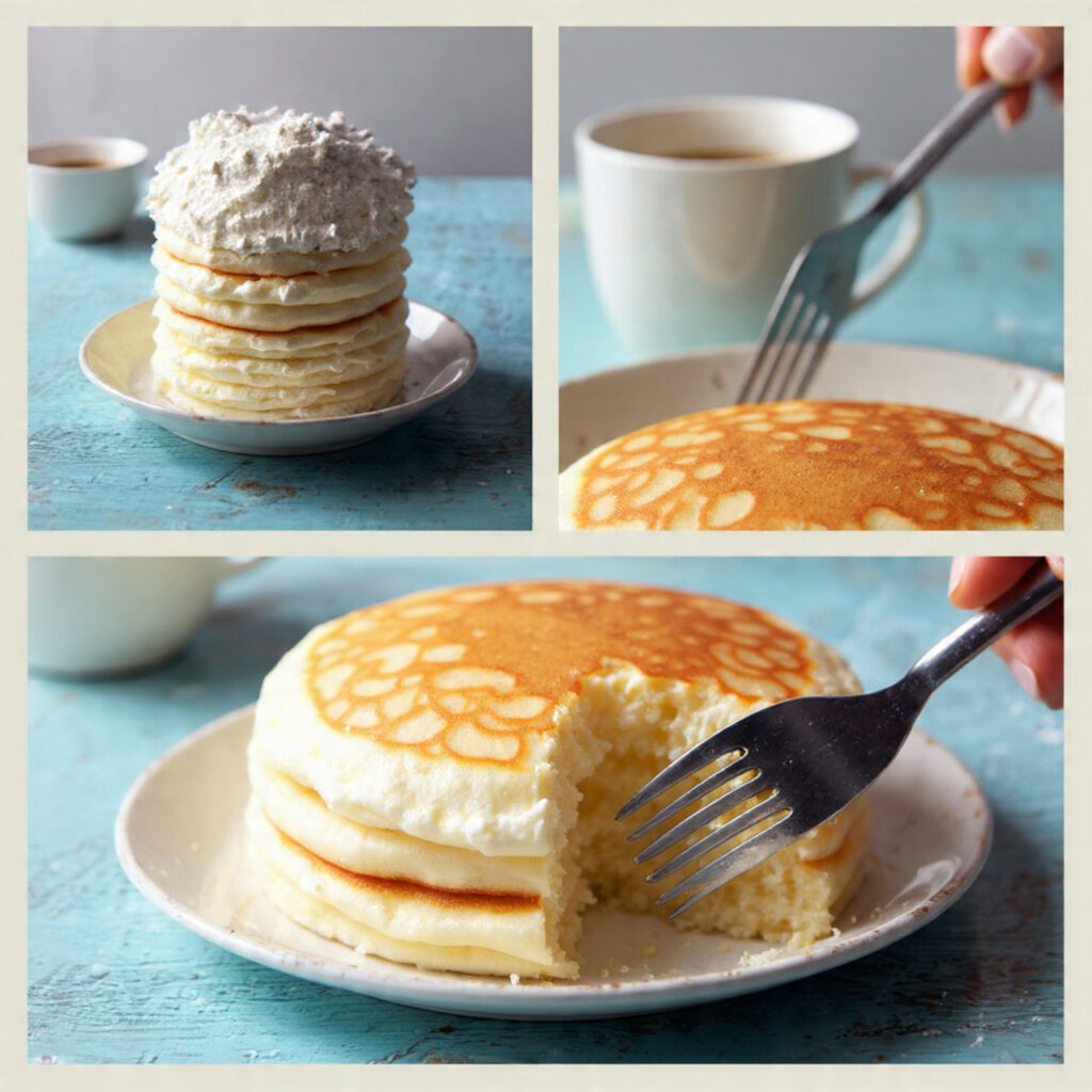 Two servings of the pancakes. One is a wide shot of the tall stack on a plate with coffee. The other is an extreme close-up of a fork cutting into the pancake, showing the thick, airy, and fluffy internal texture achieved by the yogurt base.