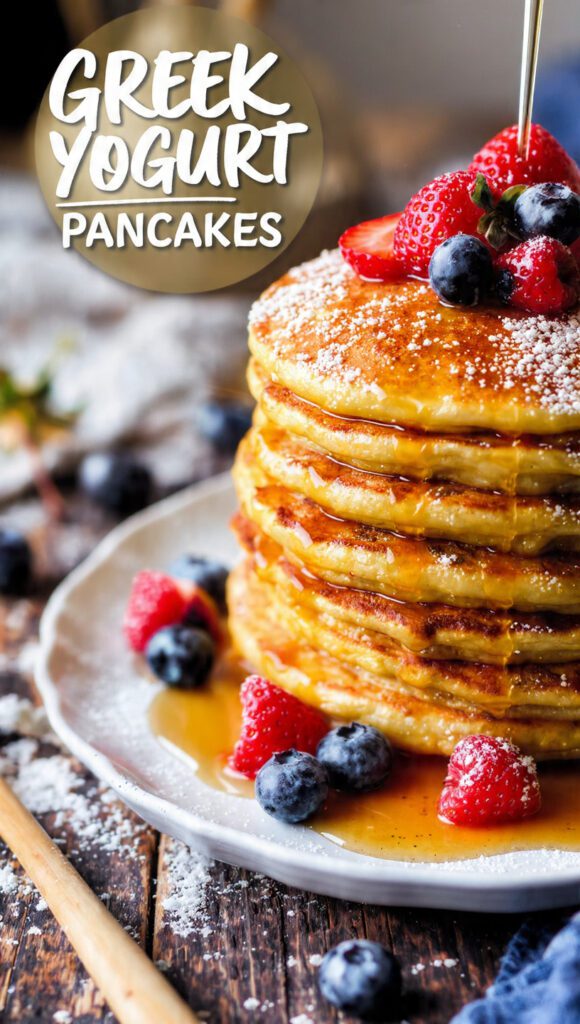 A tall, perfect stack of thick, golden-brown Greek Yogurt Pancakes, topped with fresh raspberries, a pat of butter, and a drizzle of maple syrup, showing the airy texture. The text overlay reads: "GREEK YOGURT PANCAKES"
