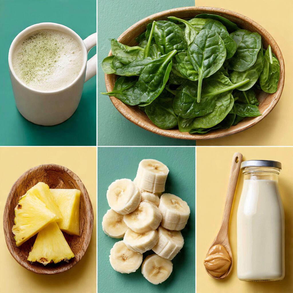 A collage showing the essential ingredients: a packed cup of fresh spinach, frozen banana slices, frozen pineapple chunks, a spoon of peanut butter, and a bottle of almond milk.