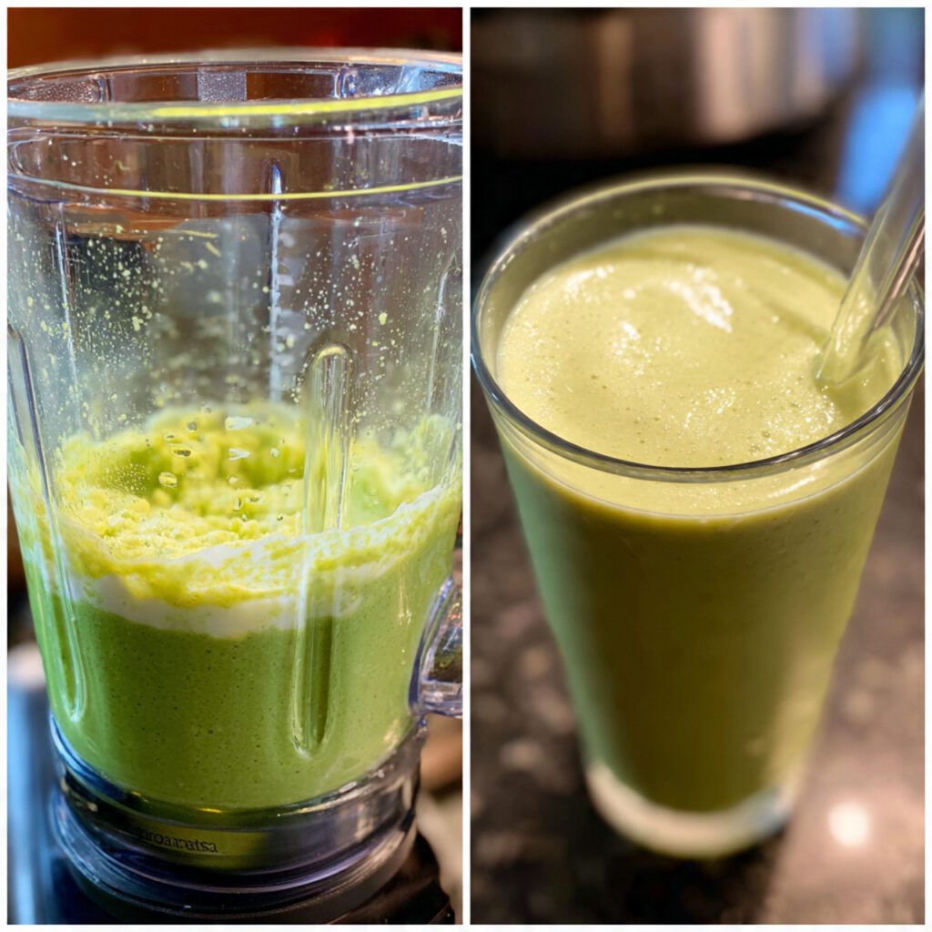 Two variations of the smoothie. One is a wide shot of the blender containing all the layered ingredients before blending. The other is an extreme close-up of the finished, creamy green smoothie, showing the thick, smooth texture being sipped through a straw.