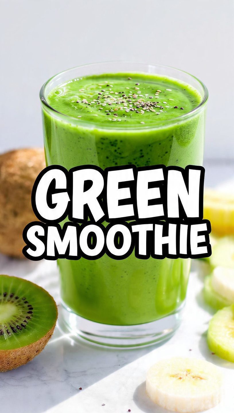 A tall glass of thick, vibrant green smoothie, topped with chia seeds, with a few fresh spinach leaves scattered near the glass. The text overlay reads: "GREEN SMOOTHIE".