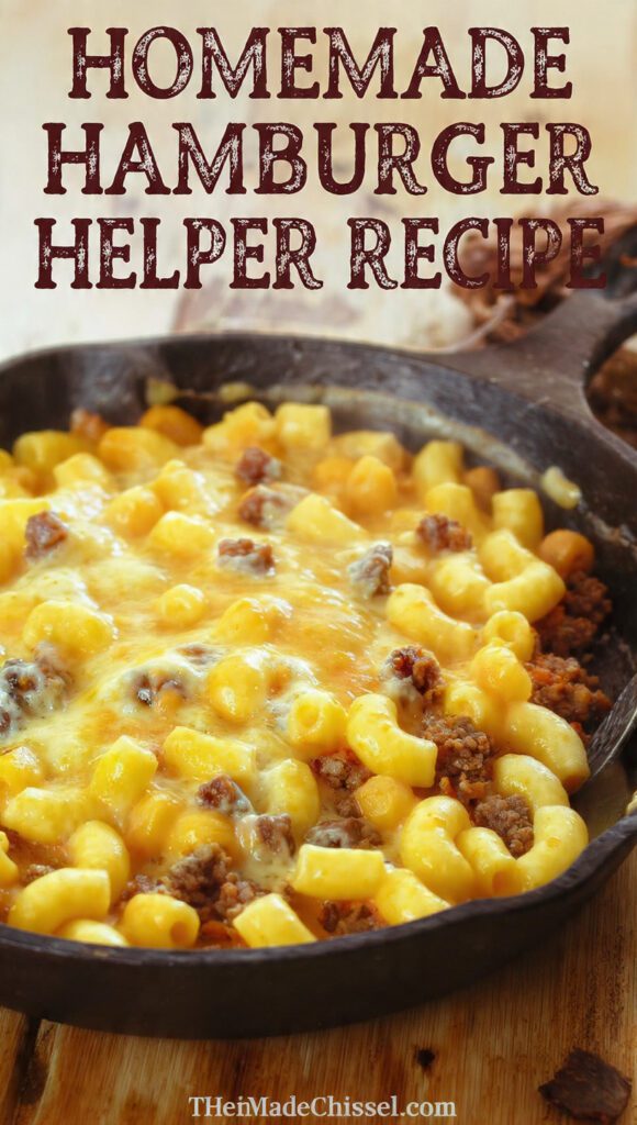 A close-up of a skillet filled with creamy, cheesy homemade hamburger helper with macaroni and ground beef, and "HOMEMADE HAMBURGER HELPER RECIPE" as a prominent text overlay.
